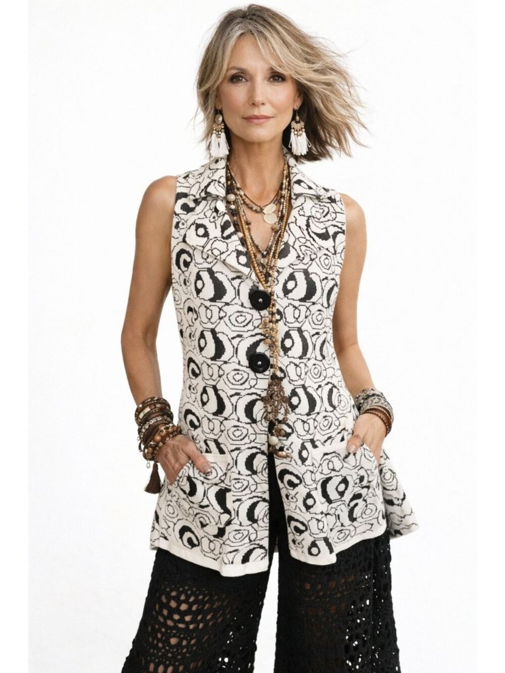 Willow Black White Abstract Artsy Boho Knit Vest Pockets Classic Womens S